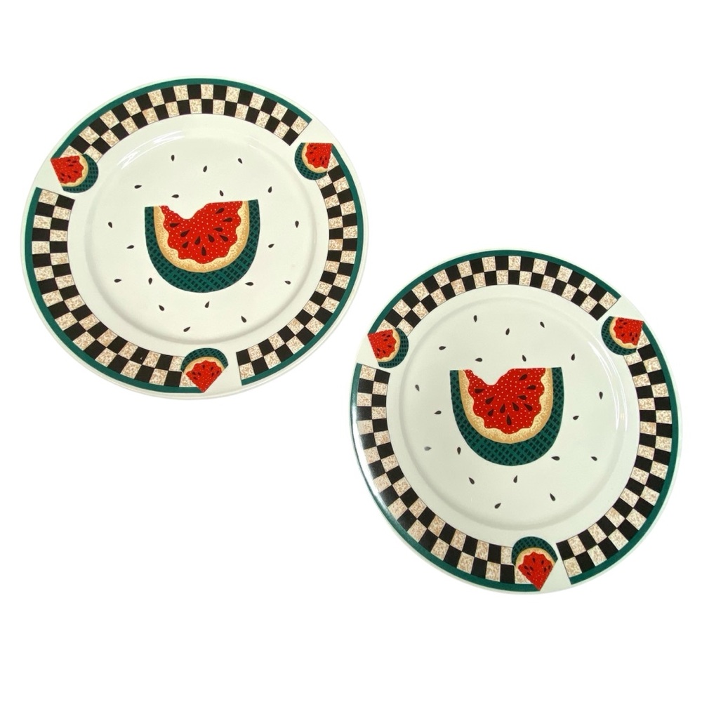 Vintage Set Of 2 Tabletops Unlimited Watermelon Checker Glass 12” Dinner Plates